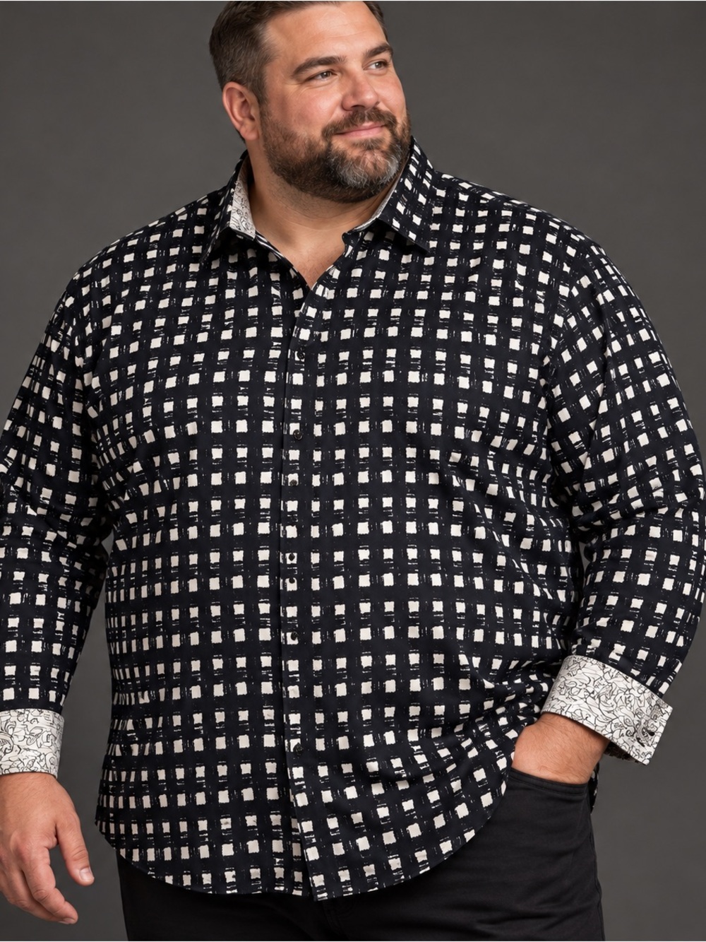 Au Noir Mens Size 9 Black White Geometric Dress Shirt French Cuff Cufflink